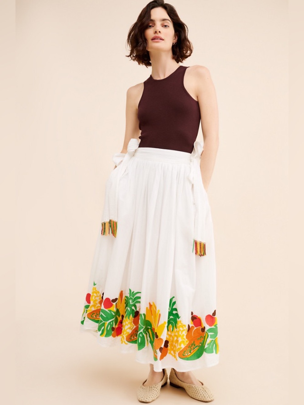 FARM Rio Embroidered Fruits Side Bow Midi Skirt Size M